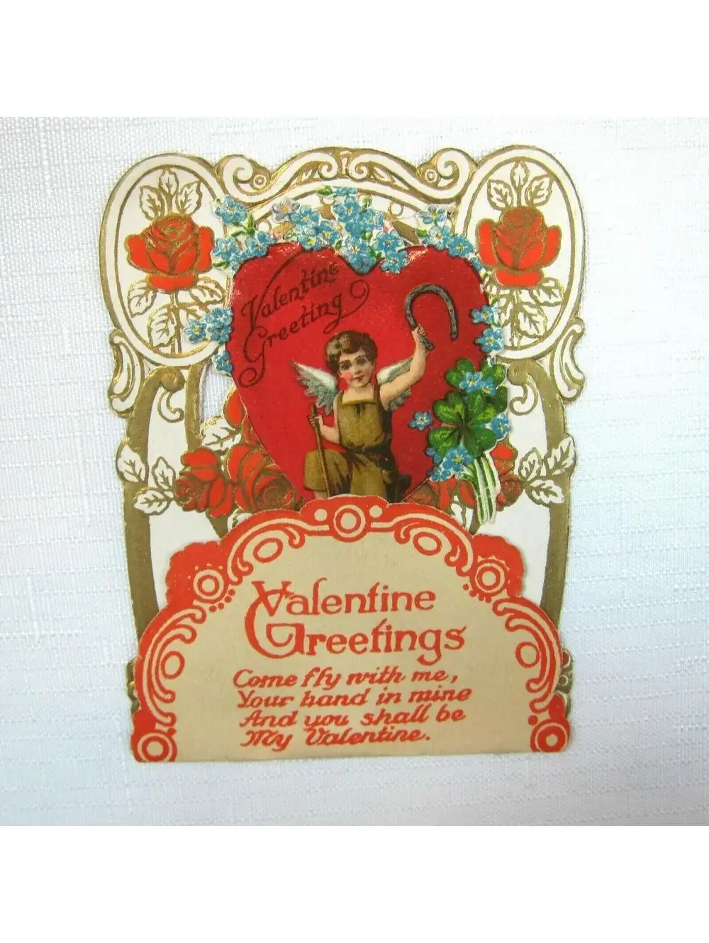 Vintage Valentine Card 1926 Pulldown Diecut 3D Boy Angel Wings Horseshoe Germany